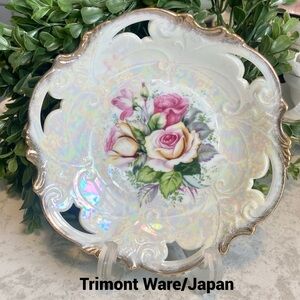 1950s Trimont Ware Japan Plate Rose Center Gold Rim Handpainted